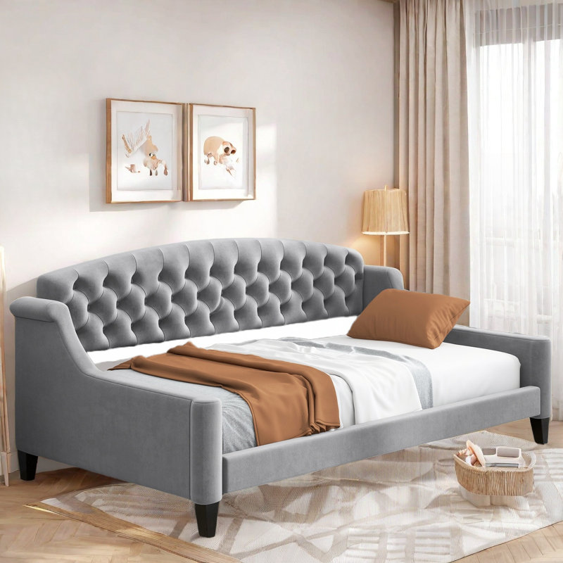 Modern Upholstered Daybed With Tufted Button Design, Gray