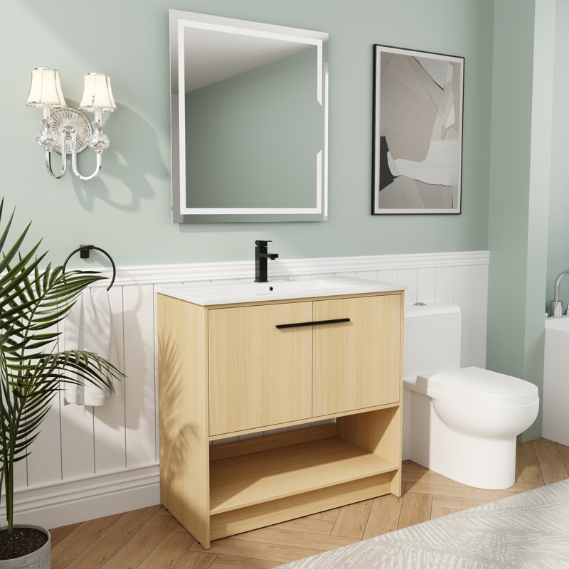 Meuble-lavabo 36 po avec lavabo en céramique, armoires à fermeture douce, Naturel