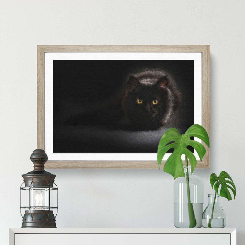 Black Cat with Yellow Eyes - Picture Frame Art Print on MDF, 36cm H x 48cm W x 2cm D, Oak Framed