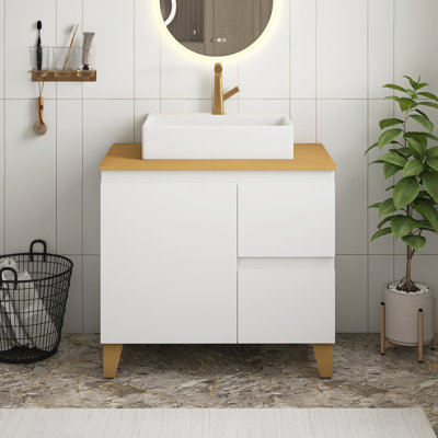 Glossy White 31 Inch Modern Bathroom Vanity With Square-Shape Ceramic Sink On The Countertop,1 Door And 2 Big Drawers, Soft-Close System,Natural Solid Wood Top And Feet