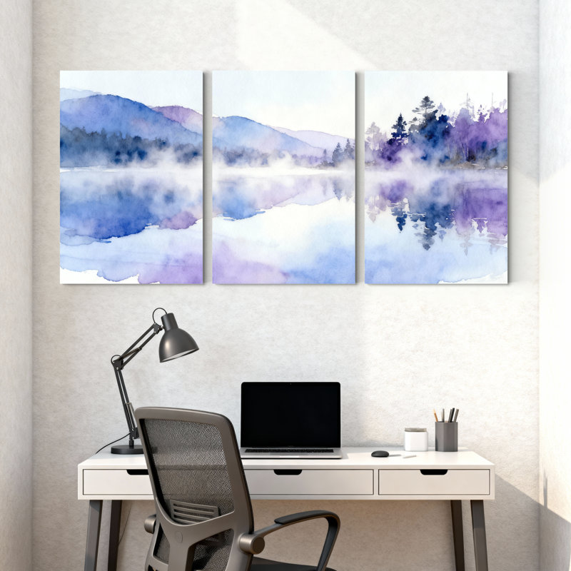 Hiver, forêt, montagne, lac, brume, arbres, art aquarelle, ensemble de 3 impressions sur toile, H 18 po x l 36 po