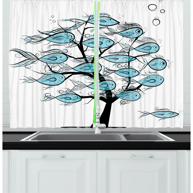 Blue and Black Fish Print Polyester Kitchen Curtains, Set of 2