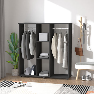 Mucklen Double Open Wardrobe on Wheels, 3 Storage Shelves, Black