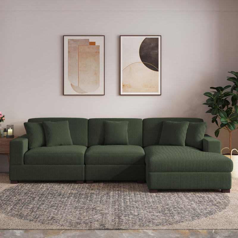 Milbrey 3-Piece Corduroy Modular Sectional with Loose Back, Right Hand Facing, Green Corduroy