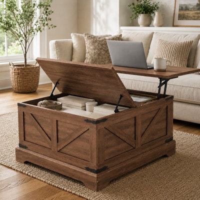 Coffee Table With Hidden Storage, Farmhouse Lift Top Coffee Table For Living Room -Brown
