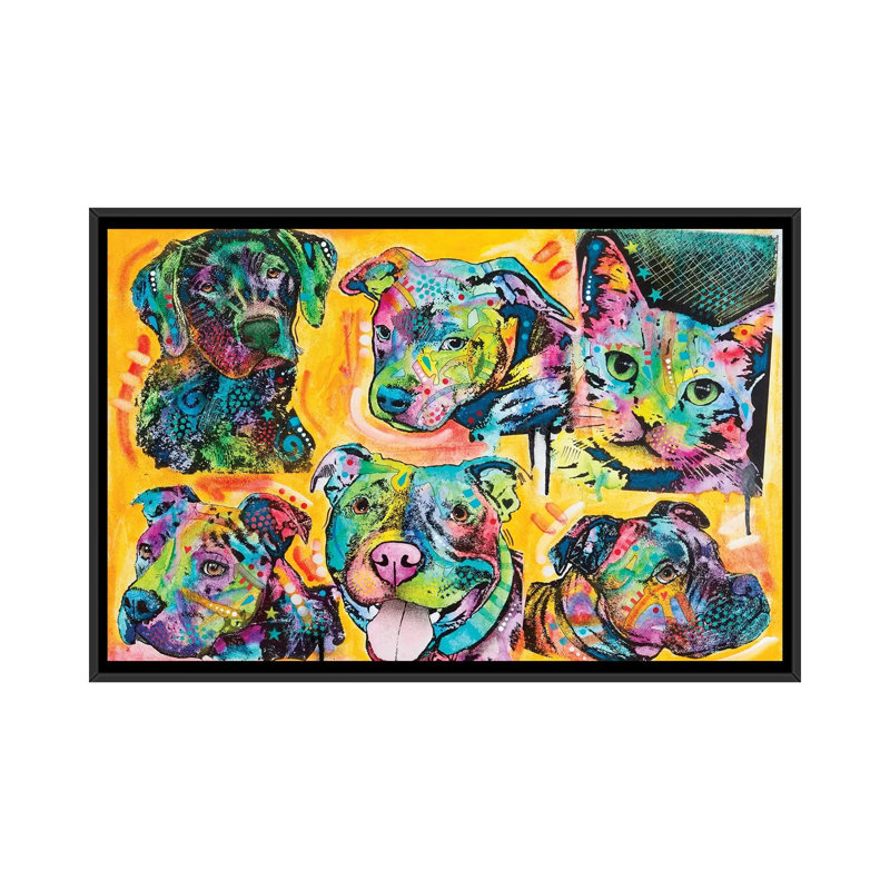 «5 Dogs And A Cat» par Dean Russo - impression sur toile tendue, H 18 po x l 26 po x P 1,5 po, Cadre noir