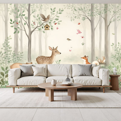 Papier peint adhésif moderne avec motif de forêt fantaisiste, ours, cerf, renard, oiseaux, aquarelles douces, 69 po x l 96 po, papier mural amovible en PVC, autocollant, pour le salon de la chambre à coucher