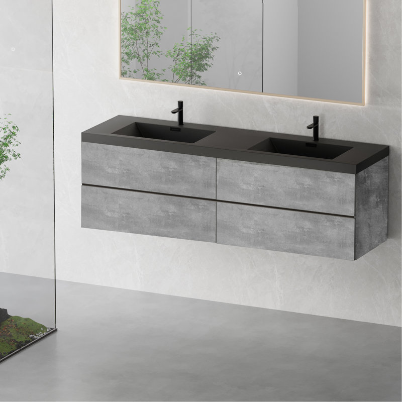 Ensemble de meuble-lavabo mural 72 po avec deux lavabos en quartz noir et quatre tiroirs à fermeture en douceur entièrement assemblés gris ciment 24V12 72Gr W1573p155850