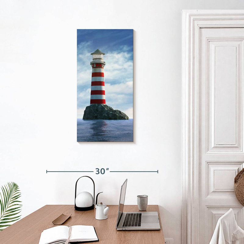 Phare blanc et rouge, H 30 po x l 15 po