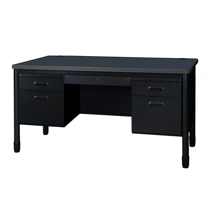 Pasqual Steel Double Pedestal Teacher's Office Desk With Center Drawer 60" X 30" - Grey Top, Black Base, Gray/Black