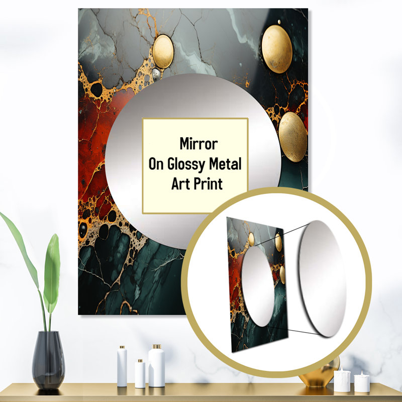 Or et vert sérénité abstrait marbre rêve II - grand miroir mural en marbre, miroir unique moderne, art imprimé en métal