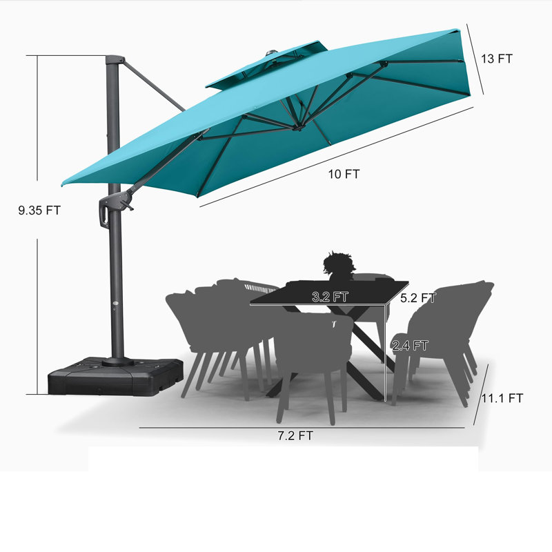 10' x 13' Rectangular Double Top Cantilever Tilting Umbrella with Base and 360° Rotation, Blue