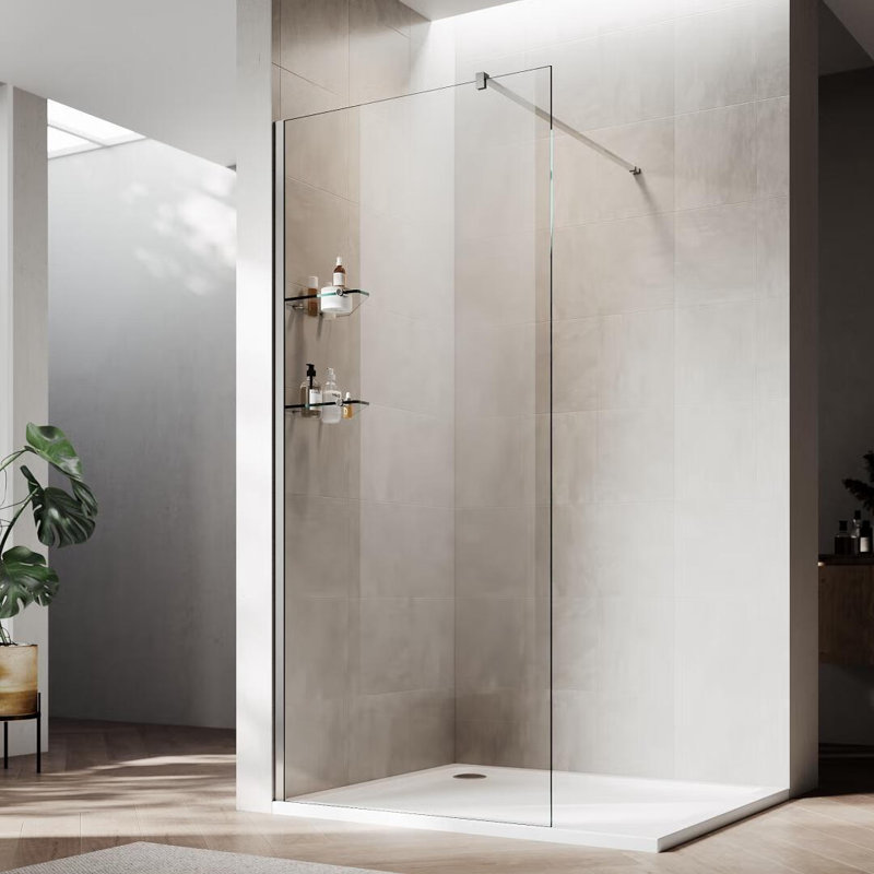 Écran de douche sans cadre l 30 po x H 74 po avec verre trempé transparent de 8 mm, tablettes en verre, Noir mat