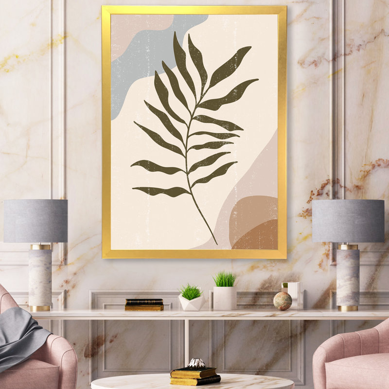 «Botanical Minimalist Leaf in Earth Tones I», peinture sur toile encadrée, Encadrement doré, H 32 po x l 16 po x P 1 po