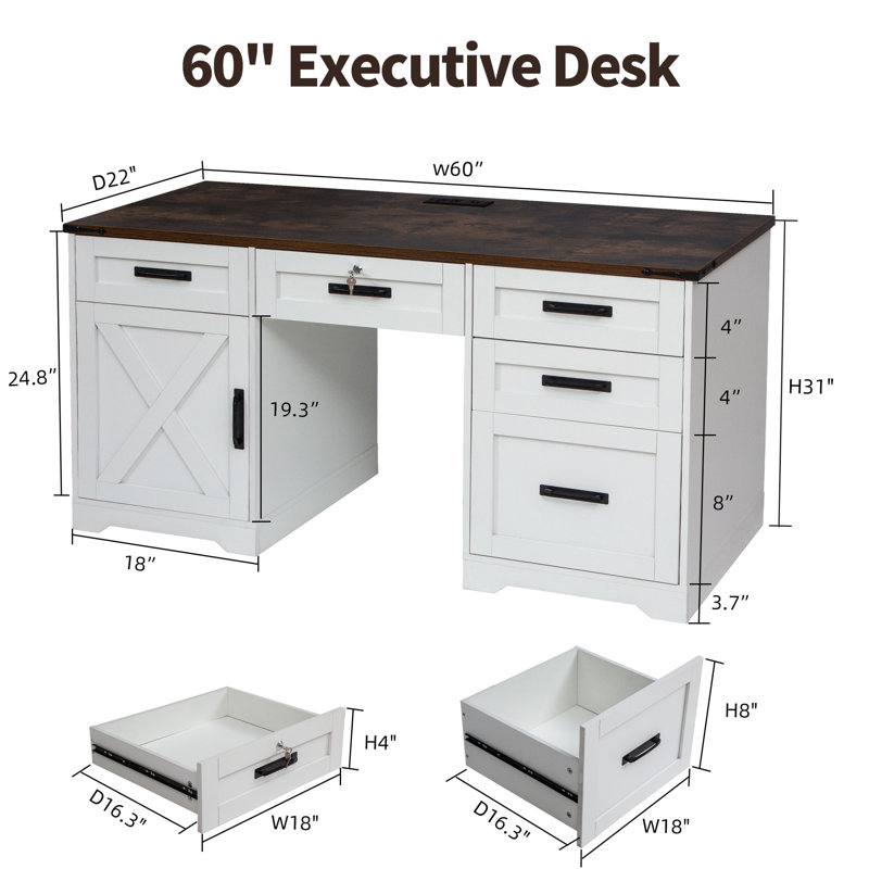 60" Farmhouse Executive Desk with 5 Drawers, Home Office Desk with Storage and Charging Station, Wooden computer Workspace with Lock, Cabinet with adjustable shelf