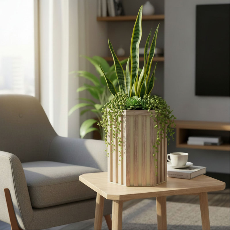 Jardinière à colonne hexagonale SM, Ash Brown, 16.25" H x 10.5" W x 9.13" D