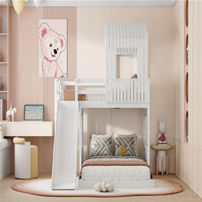 Wooden Twin Over Full Bunk Bed, Loft Bed With Playhouse, Farmhouse, Ladder, Slide And Guardrails, White