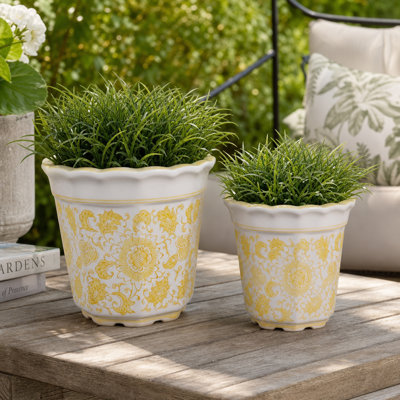 Textured Chinoiserie Ceramic Outdoor Planters for Living Room and Home Decor - Decorative Indoor Flower Pots for Patio and Garden - Set of 2, Yellow