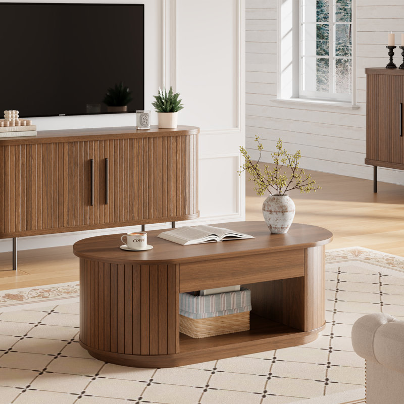 Table basse en bois à plateau relevable de 43 pouces, table basse centrale avec compartiment de rangement caché et tablette ouverte pour le salon, appartement, petit espace, brun