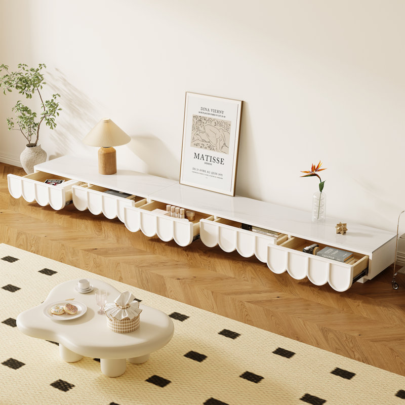  Modern Minimalist TV Stands, Cream Media Console with Drawers, White Glossy Sintered Stone Tabletop(No Assembly Needed)