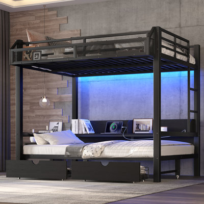 Twin XL over Twin XL Bunk Bed with Storage Shelves and Drawers,Multifunctional Metal Bunk Beds with USB Ports and LED Lights, Lower Bed that can be co by August Grove