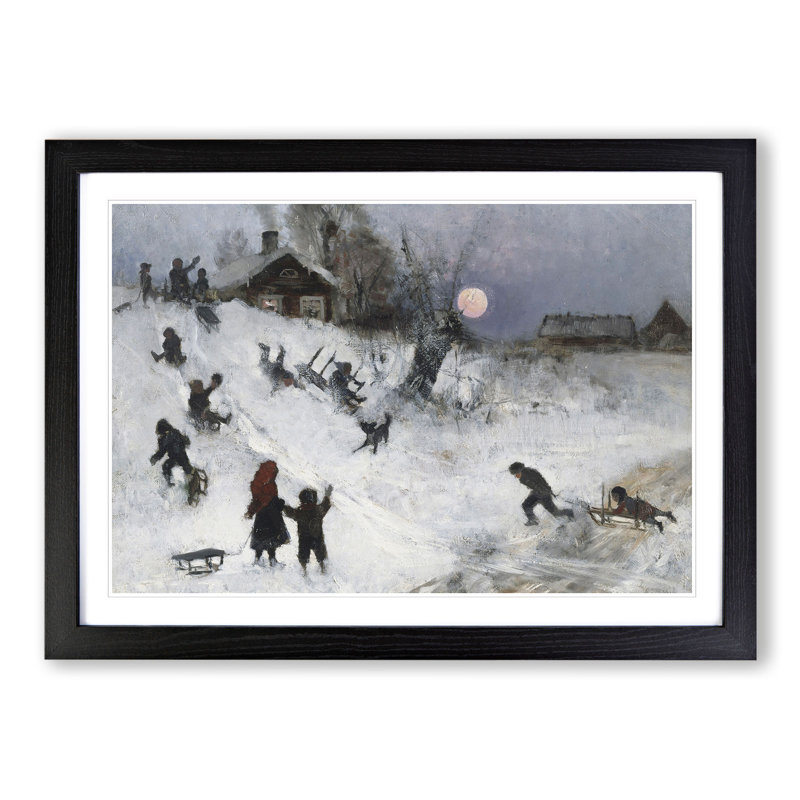Children Sledging by Bruno Liljefors - Picture Frame Painting, 48cm H x 65cm W x 2cm D, Black Framed