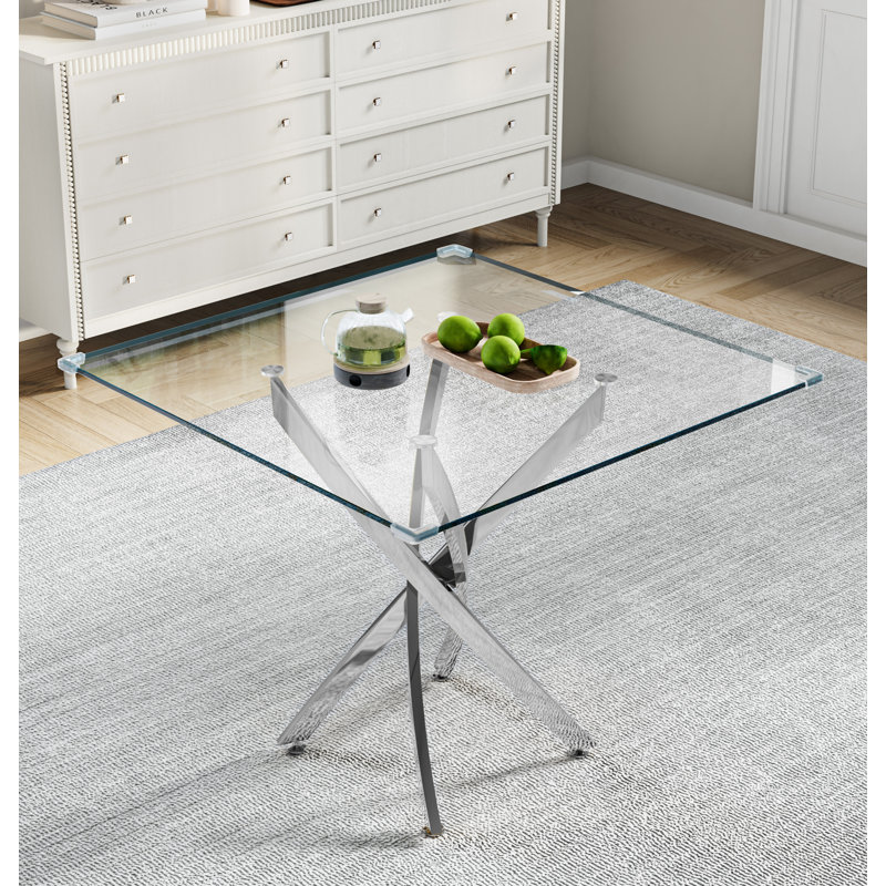 Square Dining Tempered Glass Dining Table With Stainless Steel Legs, Silver