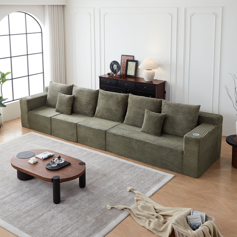 Deep Seat Corduroy Modular Cloud Couch With Cup Holders, No Assembly Required, Green