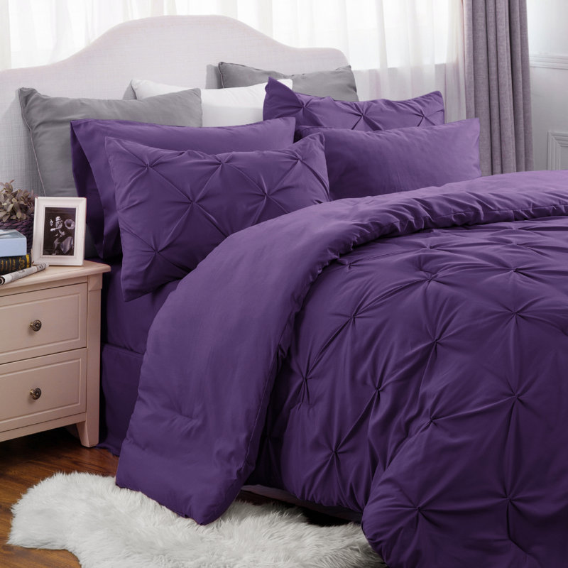 Bedsure King Burgundy Pintuck Bed-in-a-Bag - Purple Pinch Pleat Comforter Set with Sheets, Pillowcases & Shams (Set of 7)