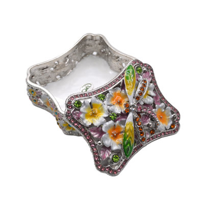 Boîte à bijoux libellule avec placage de rhodium et émail coloré