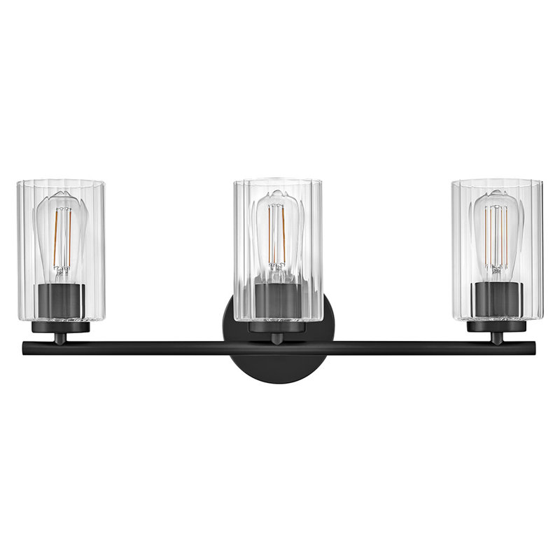 3-Light Bath Vanity Fixture with Clear Ribbed Glass, Black