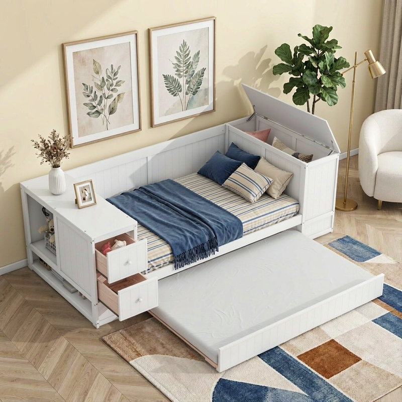 Lit de jour simple avec accoudoirs de rangement, lit gigogne et station de charge, blanc, Blanc