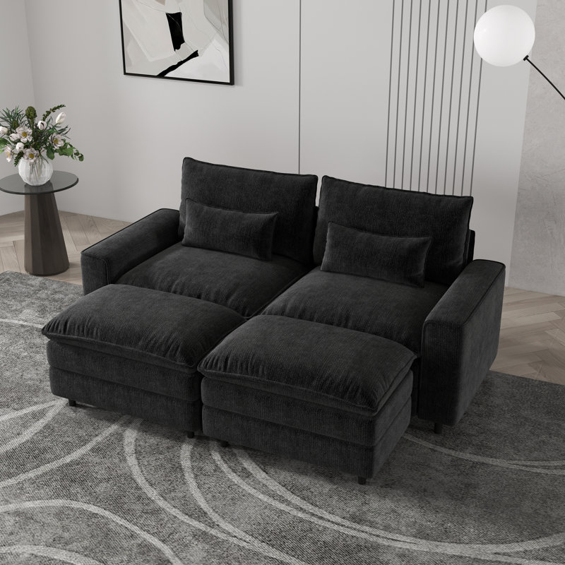 Canapé contemporain à 2 places en chenille profonde avec repose-pieds double et coussins lombaires - Confort polyvalent pour une vie moderne