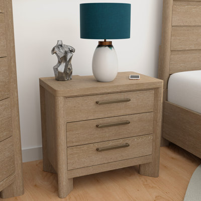 Adena 28" Wide 3-Drawer Nightstand in Beige with Charging