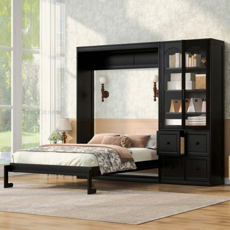 Lit escamotable avec armoire latérale réversible de gauche à droite, portes en acrylique, 4 tiroirs et armoires à tablettes de rangement multiples