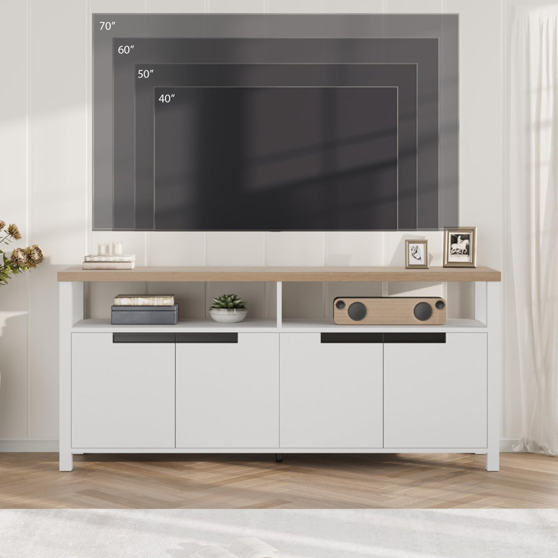Farmhouse TV Stand for TV Up to 70 Inch, Long Entertainment Center with 4 Door & Open Shelf, Television Consoles Stands for Living Room, Bedroom, White and Wood