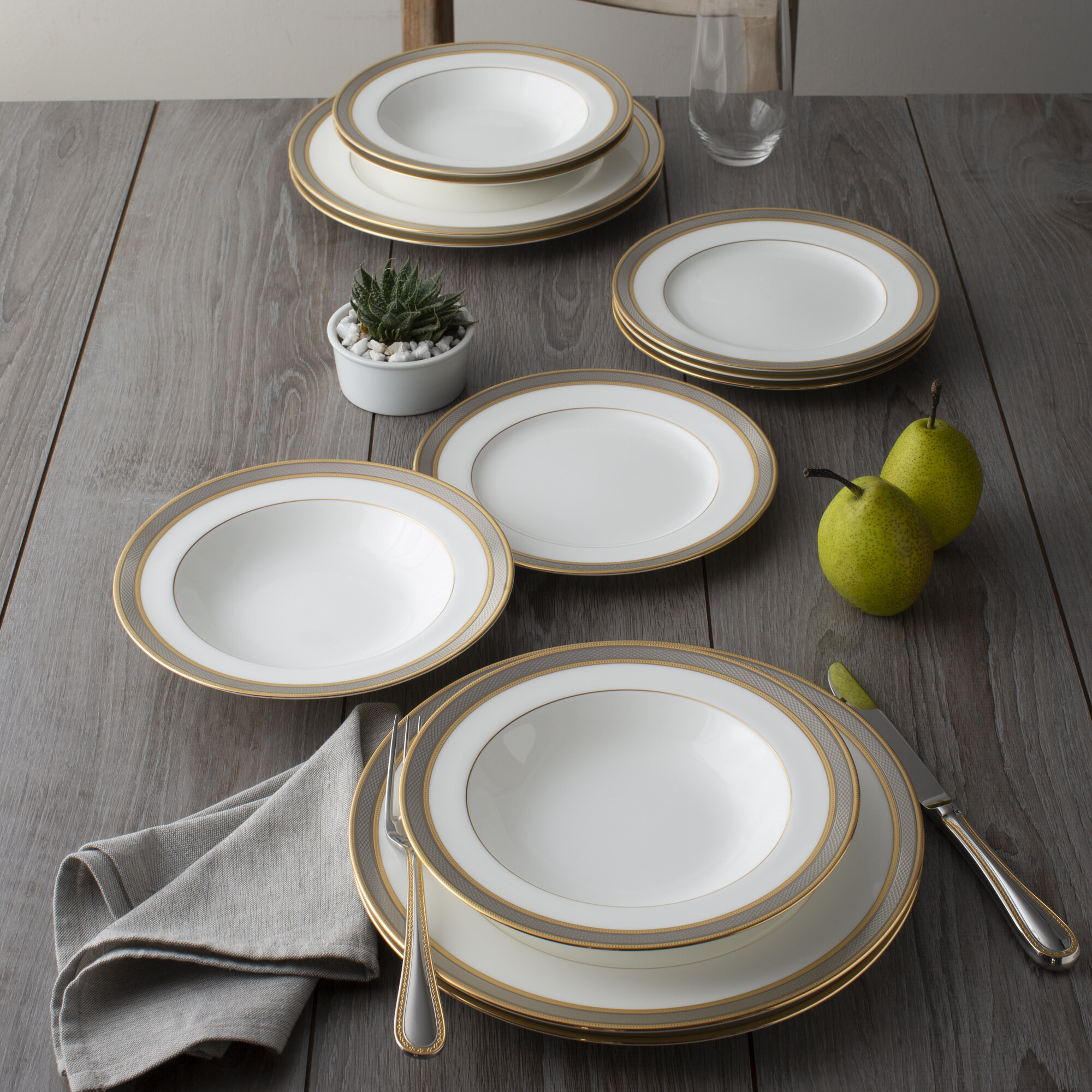 Pokini Reactive Glaze Dinnerware Sets, 12 Piece Luxury Bone China Dishware  Sets, Gilt Rim Plates and Bowls Sets for 4