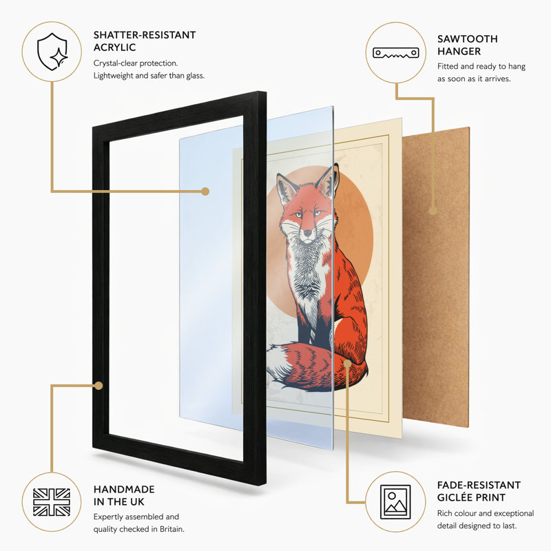 Fox in Circle Modern - Framed Print, Oak, A3 - 42.0 x 29.7 cm