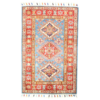 Tapis oriental bleu / jaune en laine / coton 2 pi 9 po x 4 pi 2 po Mehma