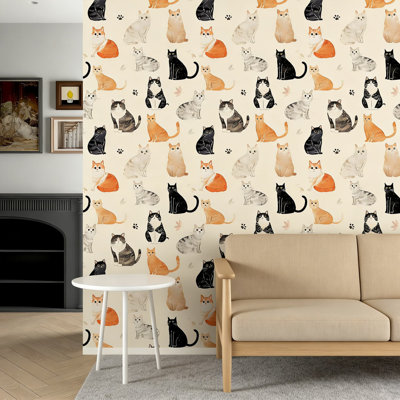 Vintage Cat Wallpaper Peel And Stick, Self-Adhesive Removable Contact Paper, Waterproof And Oil Resistant Vinyl For Walls, Furniture, Cabinets, Tables And Shelves Decor
