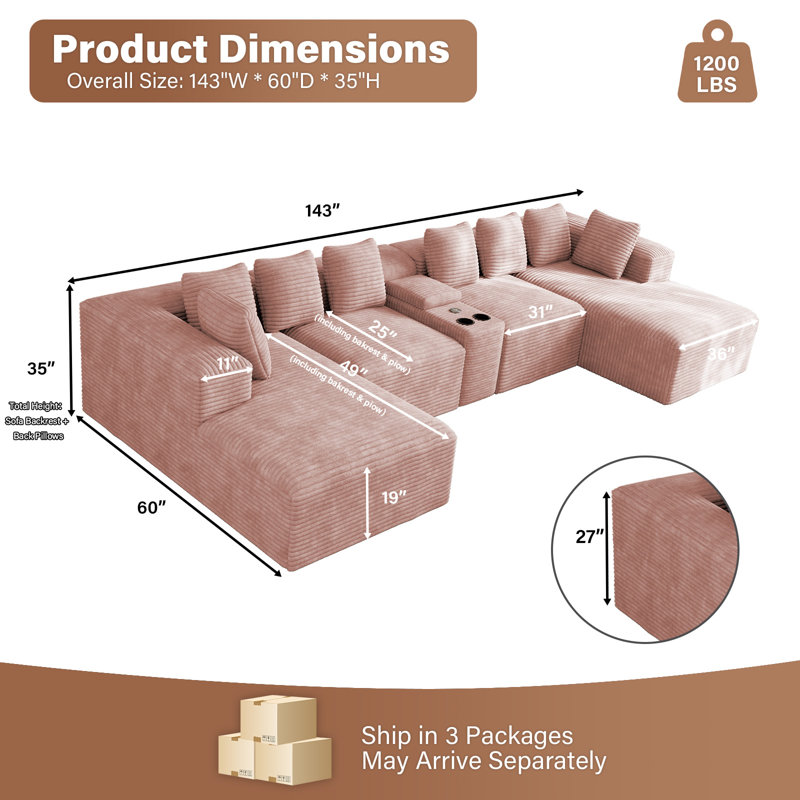 Canapé modulaire de 5 pièces sans assemblage avec chaises, console et porte-gobelet, Pink