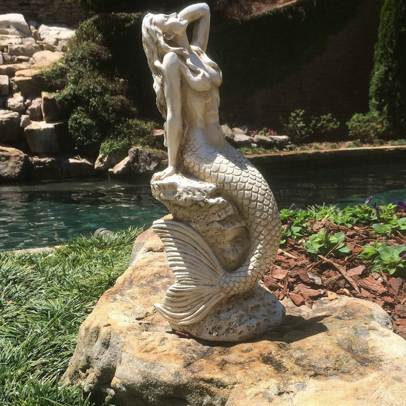 Statue de sirène sur la côte, H 20 po x l 8 po x P 9 po, Blanc antique