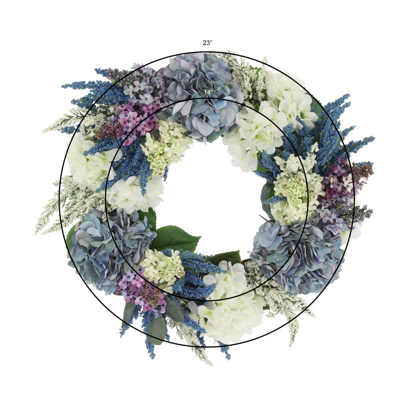 23" Spring Wreath with Hydrangeas, Lilacs and Heather