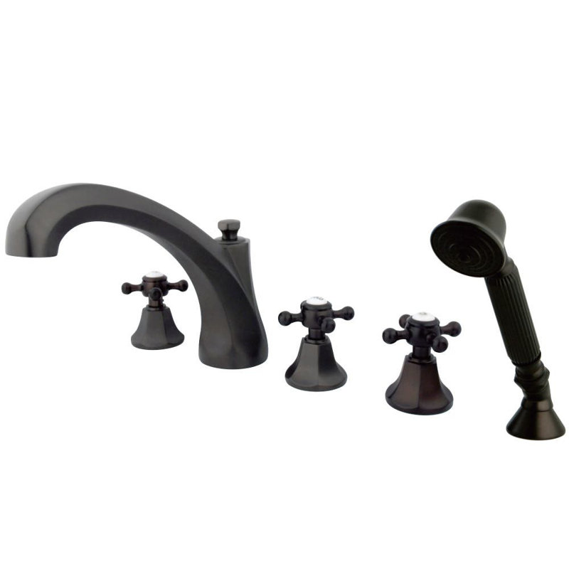 Kingston Brass Metropolitan Three-Handle 5-Hole Deck Mount Roman Tub Faucet with Hand Shower, Brushed Nickel