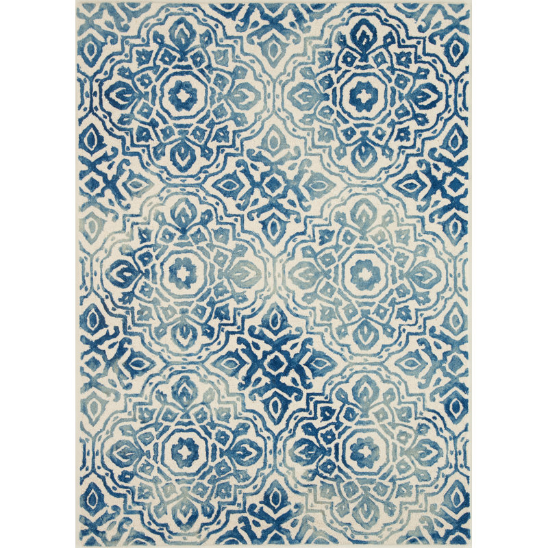 Tapis bleu / ivoire en laine crocheté à la main Briallen, Rectangle 5 pi x 7 pi