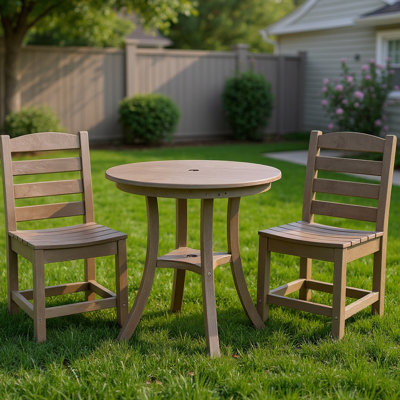 3 tables de salle à manger d'extérieur: table de patio ronde avec 2 chaises sans accoudoirs, robuste, pour balcon ou porche, chêne foncé antique, sièges et structure résistante aux intempéries, balcons spatiaux, plaisir décontracté