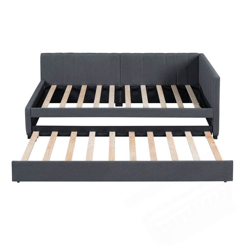 Upholstered Twin Daybed With Trundle, Gray, Twin