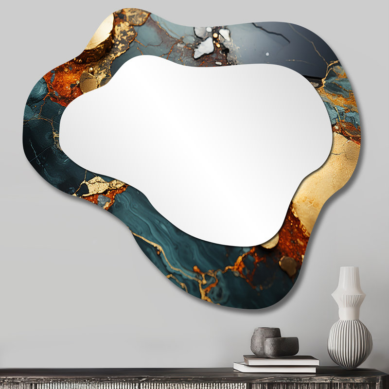 Gold and Green Serene abstract marble dream IV - Marble Asymmetrical Wall Mirror, Gold Cloud Decorative Mirror, Printed Metal Art