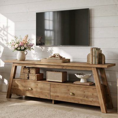 63" Solid Wood TV Stand for TVs Up to 65", Farmhouse TV Console Table with 2 Drawers for Living Rooms, Bedrooms