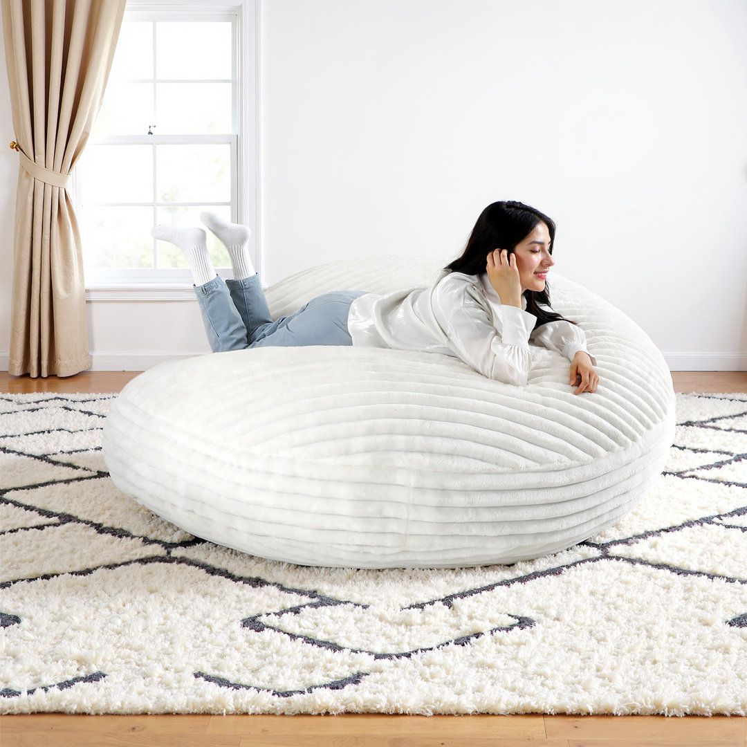 Oversized Large Round 5 Foot Giant Foam Filled Faux Rabbit Fur Bean Bag Sofa with Soft Removeable Cover